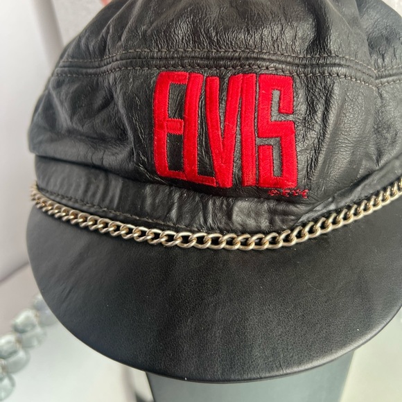 ELVIS Presley vintage Motorcycle Biker Cap Black Leather silver chain  XL - Picture 5 of 8